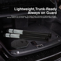 Safety plastic delineator in a car trunk with text about its features.