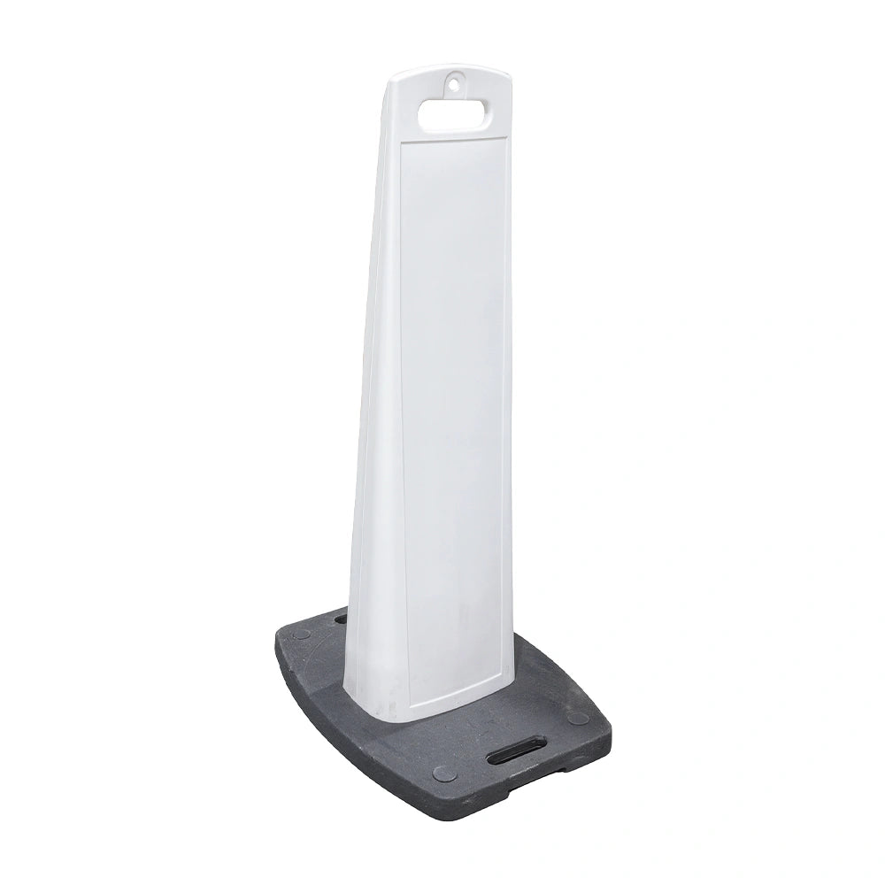 White panel delineator post with a black base on a white background