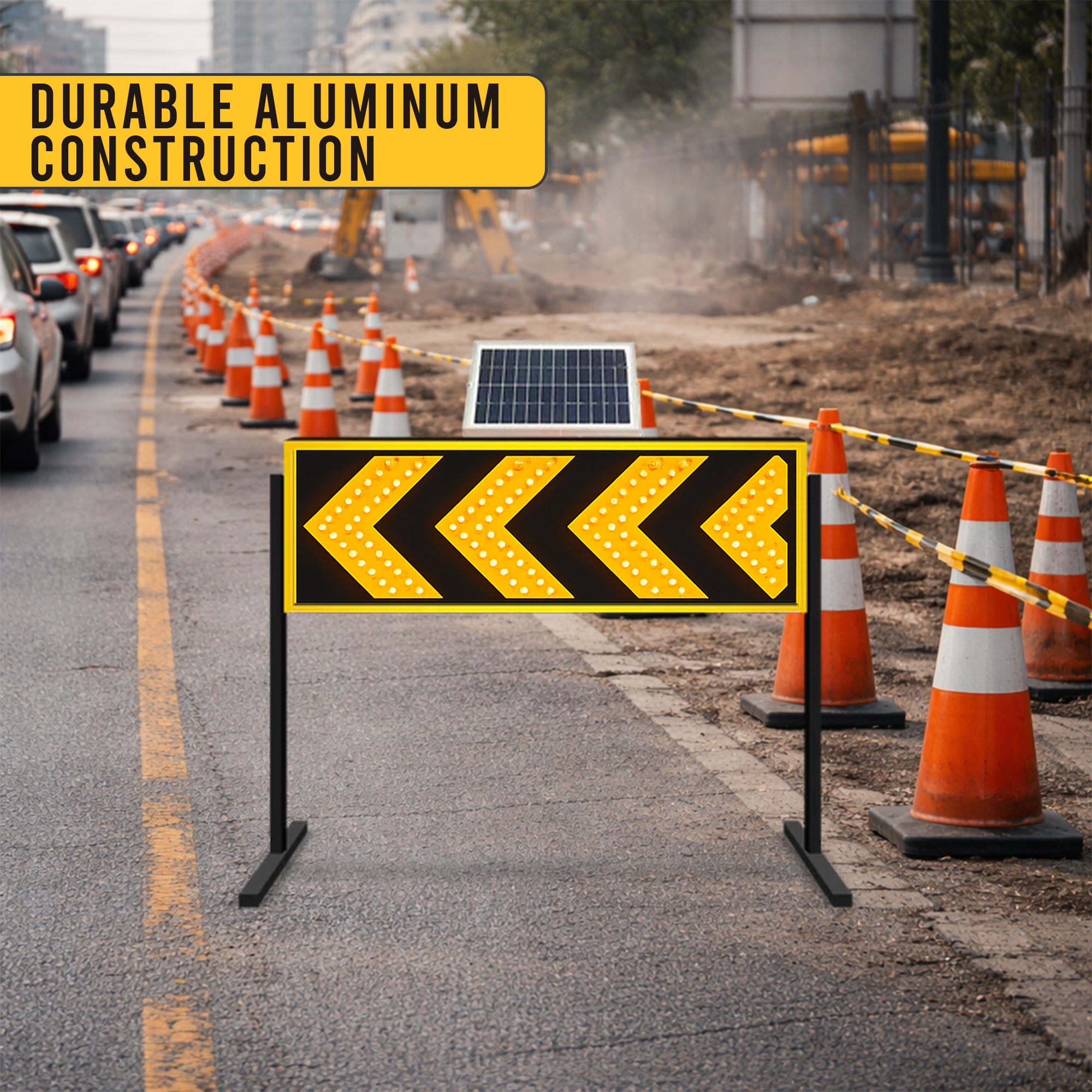 Solar powered 1200mm yellow arrow warning sign with stand for construction zones