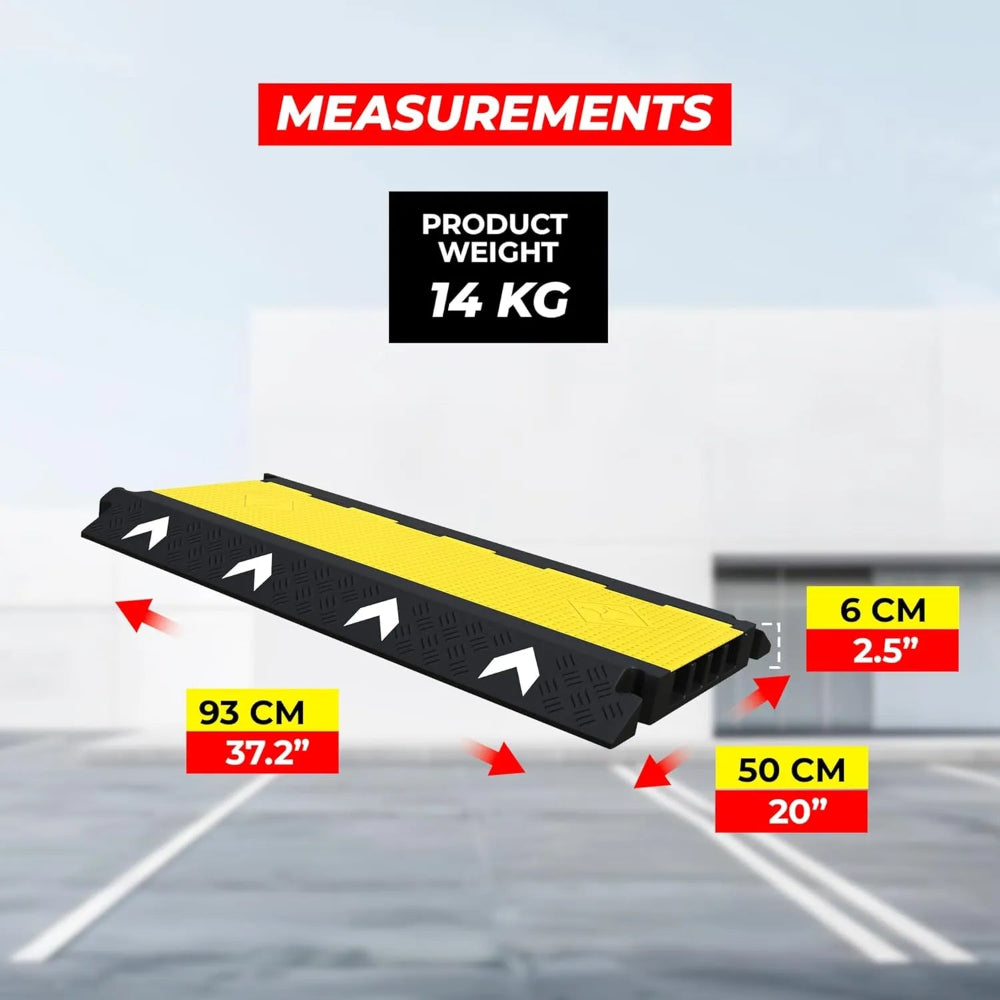 Yellow and black cable bump with measurements