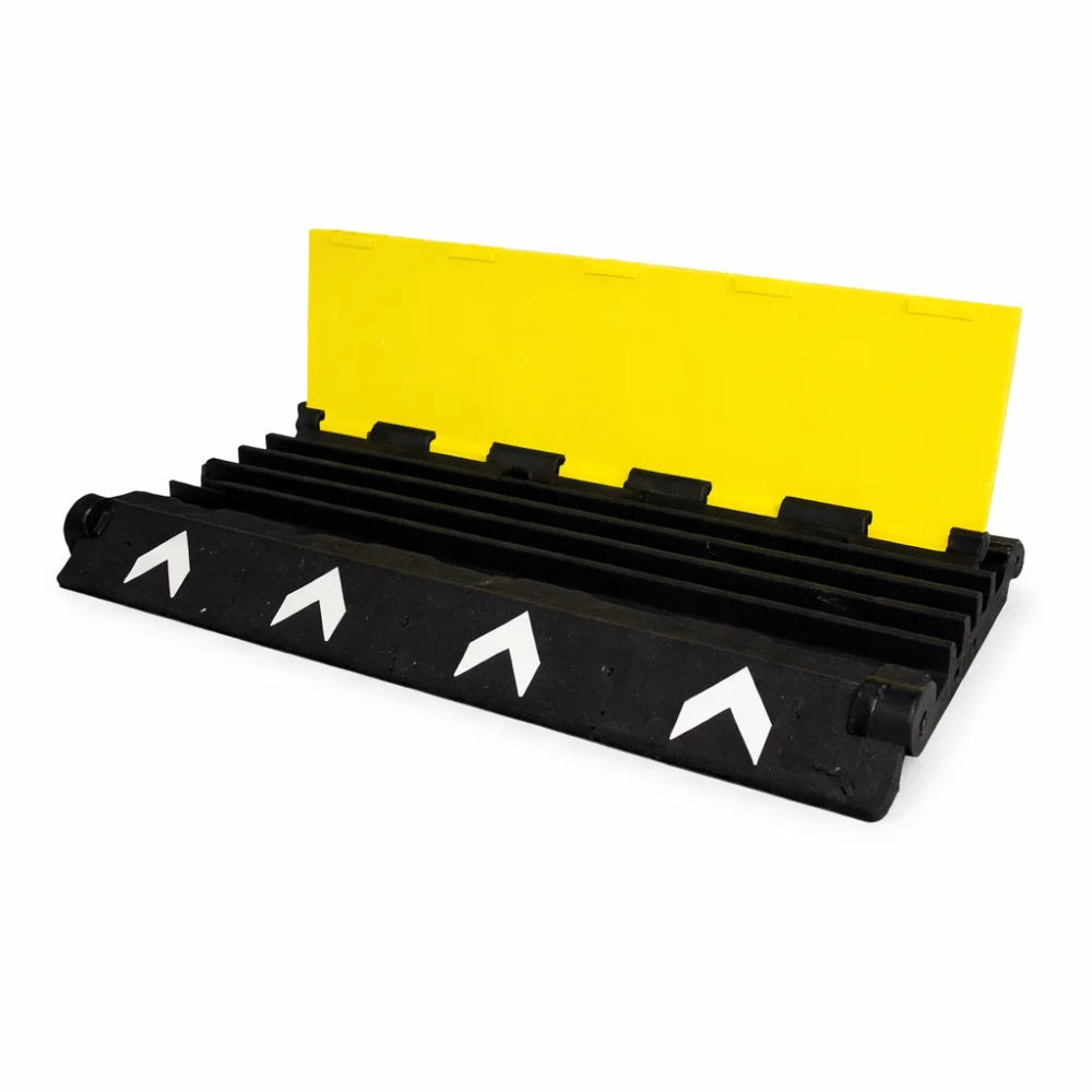 Black cable protector with a yellow warning sign on a white background