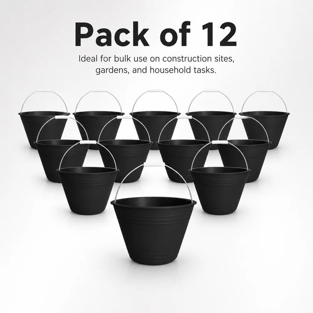 Set of 12 black 8 liter PVC utility buckets for home, office, and workplace use