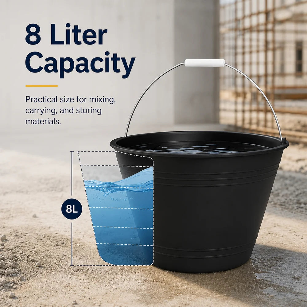 Pack of 12 black 8L PVC utility buckets for household and industrial applications