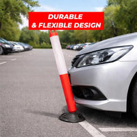 Red and white traffic cone on a car bumper with 'Durable & Flexible Design