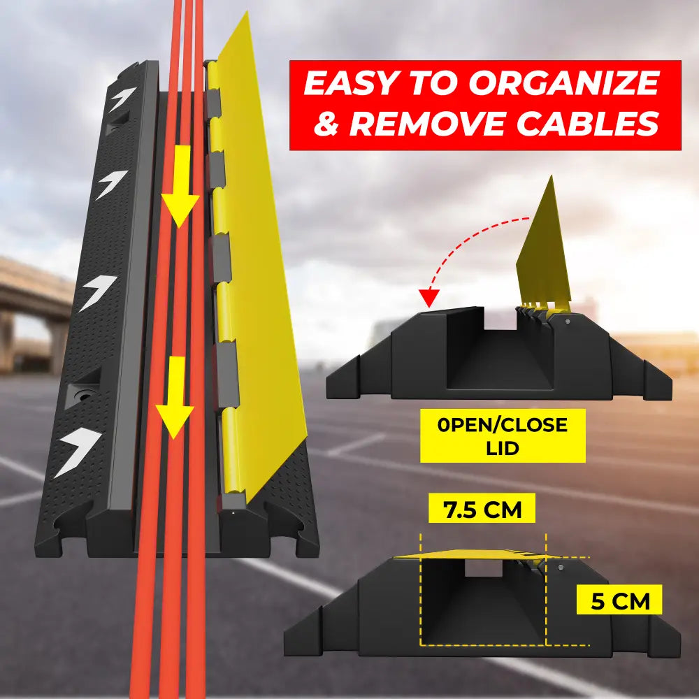 Cable management system with labeled features on a road background