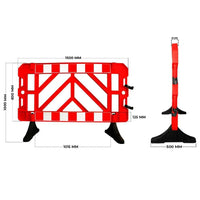 Red and white traffic barrier with dimensions