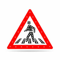 Pedestrian crossing traffic sign with red border and black and white figure on a white background