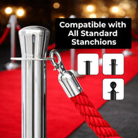 Red twisted stanchion rope 1.5M with metal hooks for queue barriers