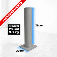 Gray parking bollard with measurements and weight displayed