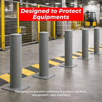 Gray protective columns in a warehouse setting with safety markings and text about protection.