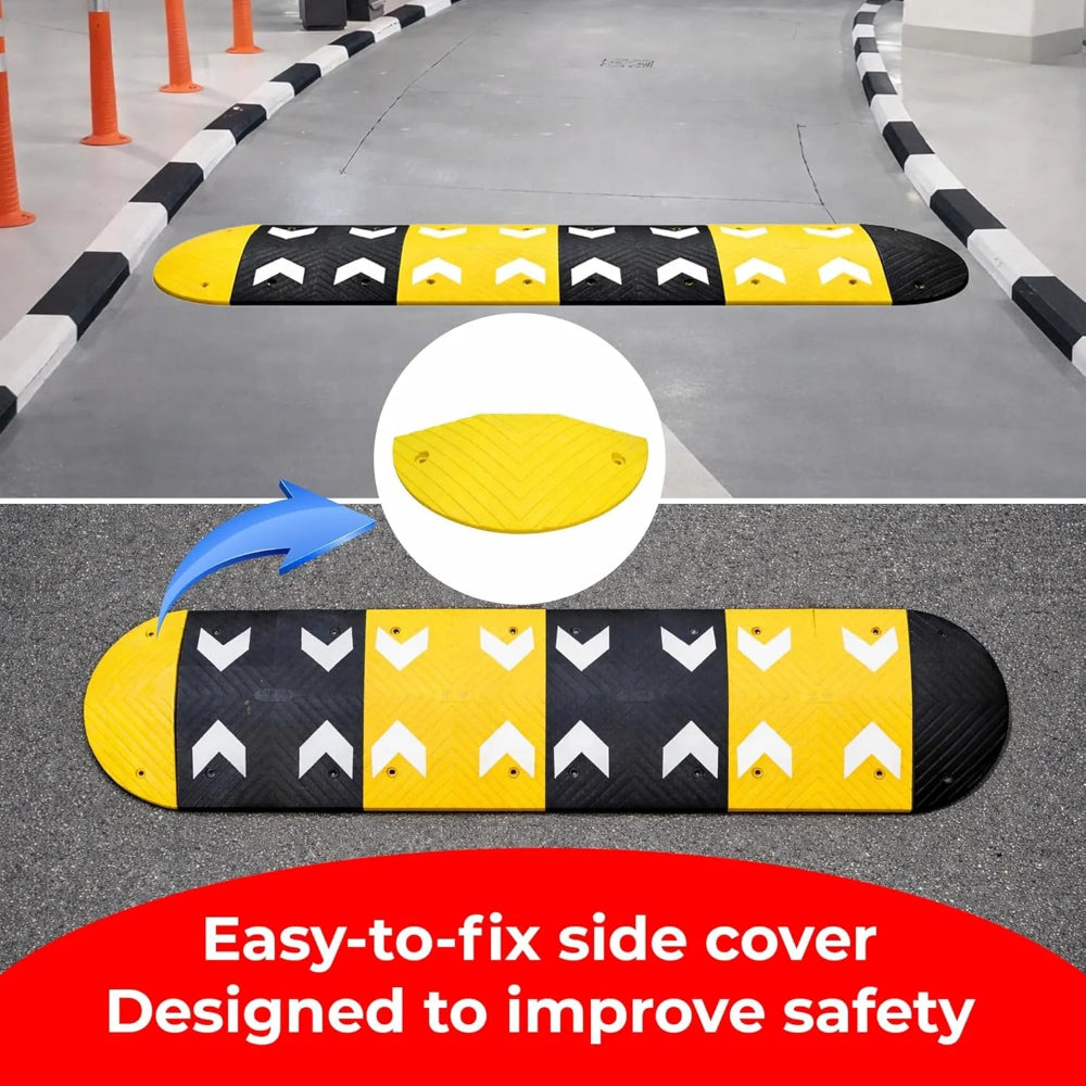 Two yellow and black speed bumps on a road