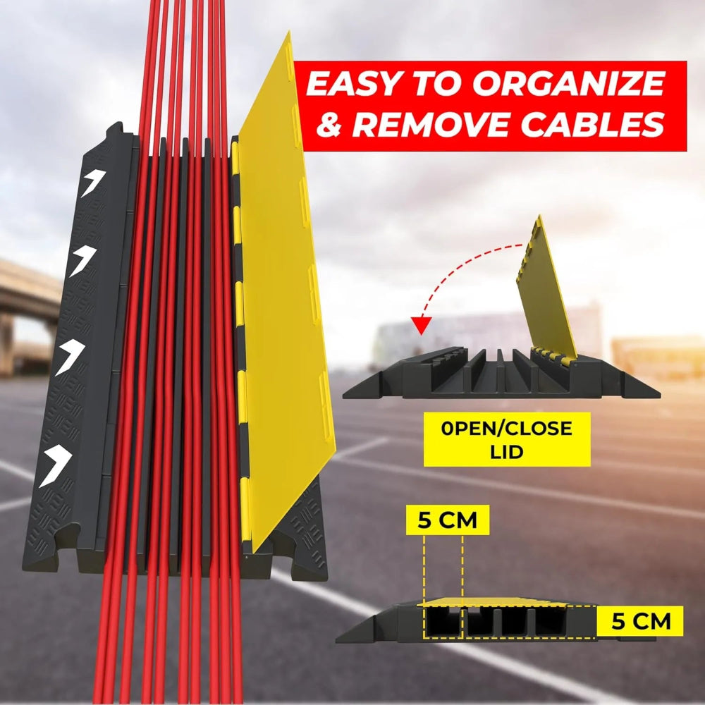 Cable channel with red cables and yellow lid