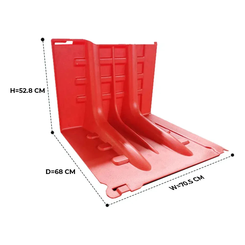 Red plastic barrier with dimensions labeled