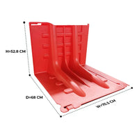 Red plastic barrier with dimensions labeled