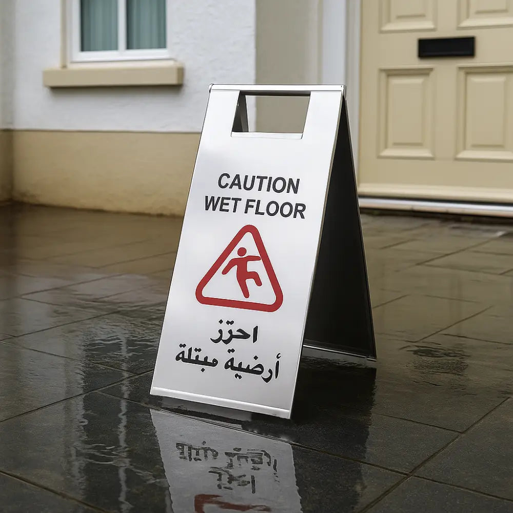 Foldable floor safety sign in stainless steel, 60cm height, ideal for offices and commercial areas