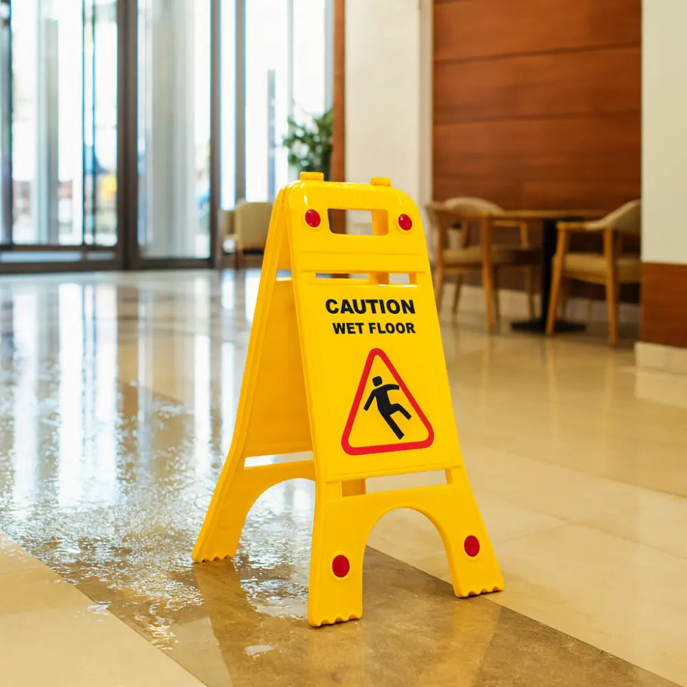 Yellow foldable wet floor caution sign 64cm, double-sided for visibility in workplaces