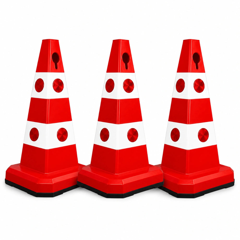 Three red and white traffic safety cones
