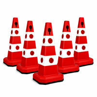 Five red and white traffic safety cones