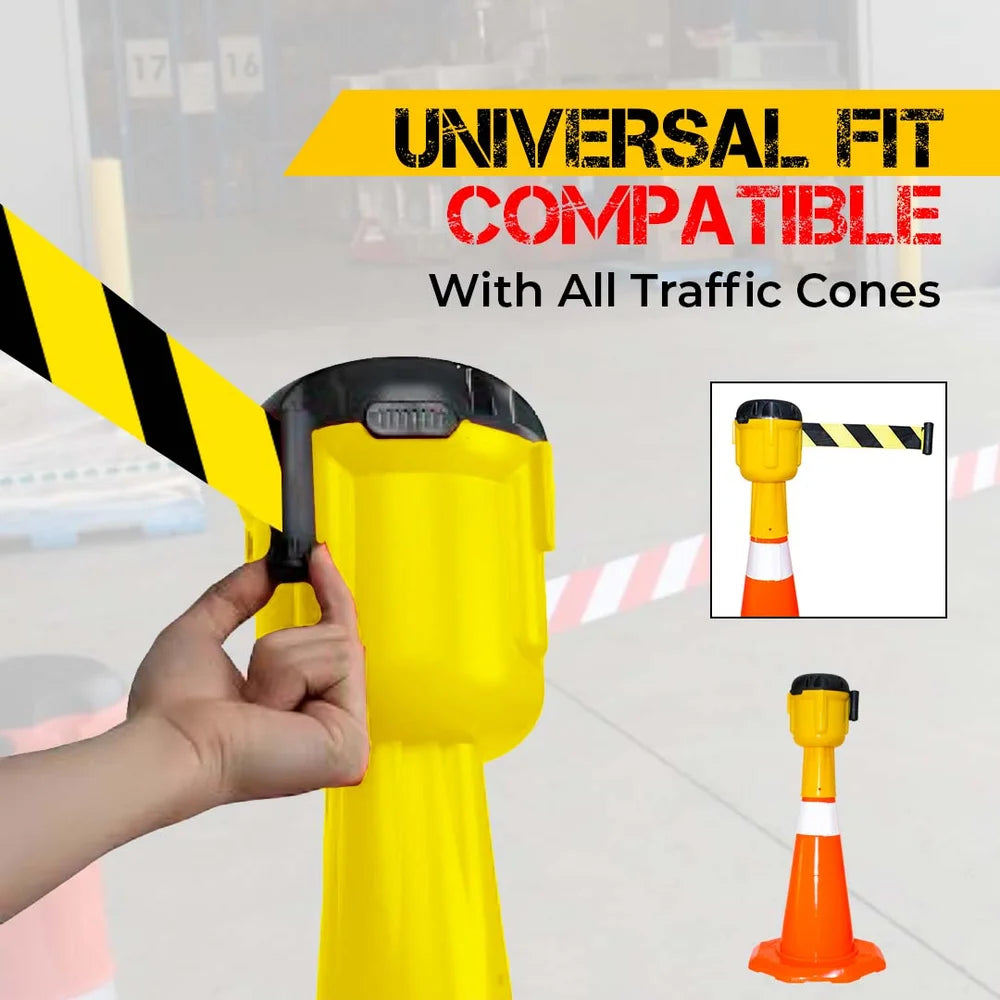 Heavy duty 9m retractable yellow and black cone barrier tape for long term use