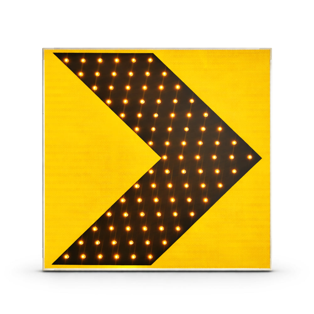 Square traffic sign with yellow and black chevron pattern on a white background
