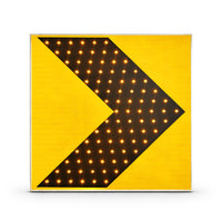 Square traffic sign with yellow and black chevron pattern on a white background