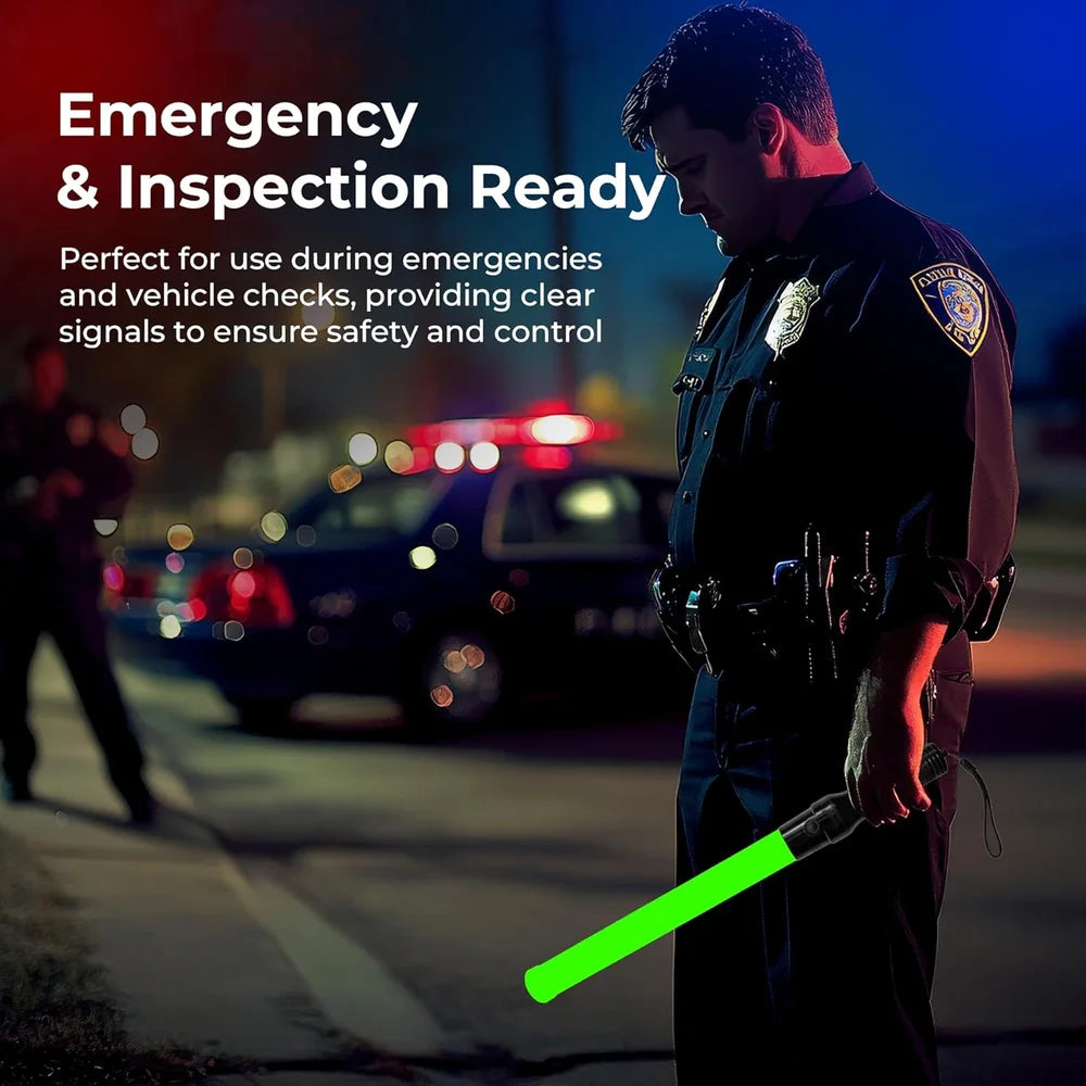 Battery powered green LED traffic wand baton for road safety and direction control