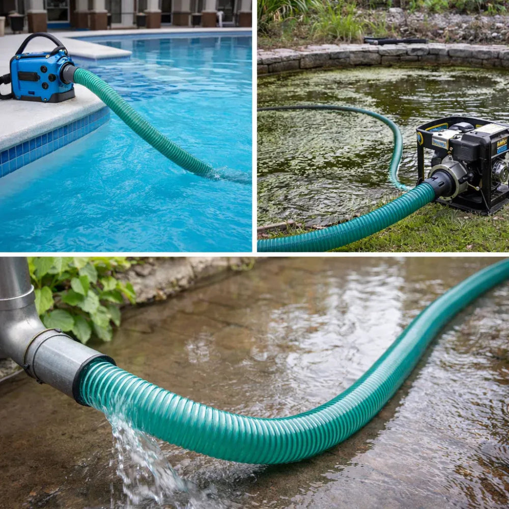 Collage of a green hose connected to a pump in various water settings.