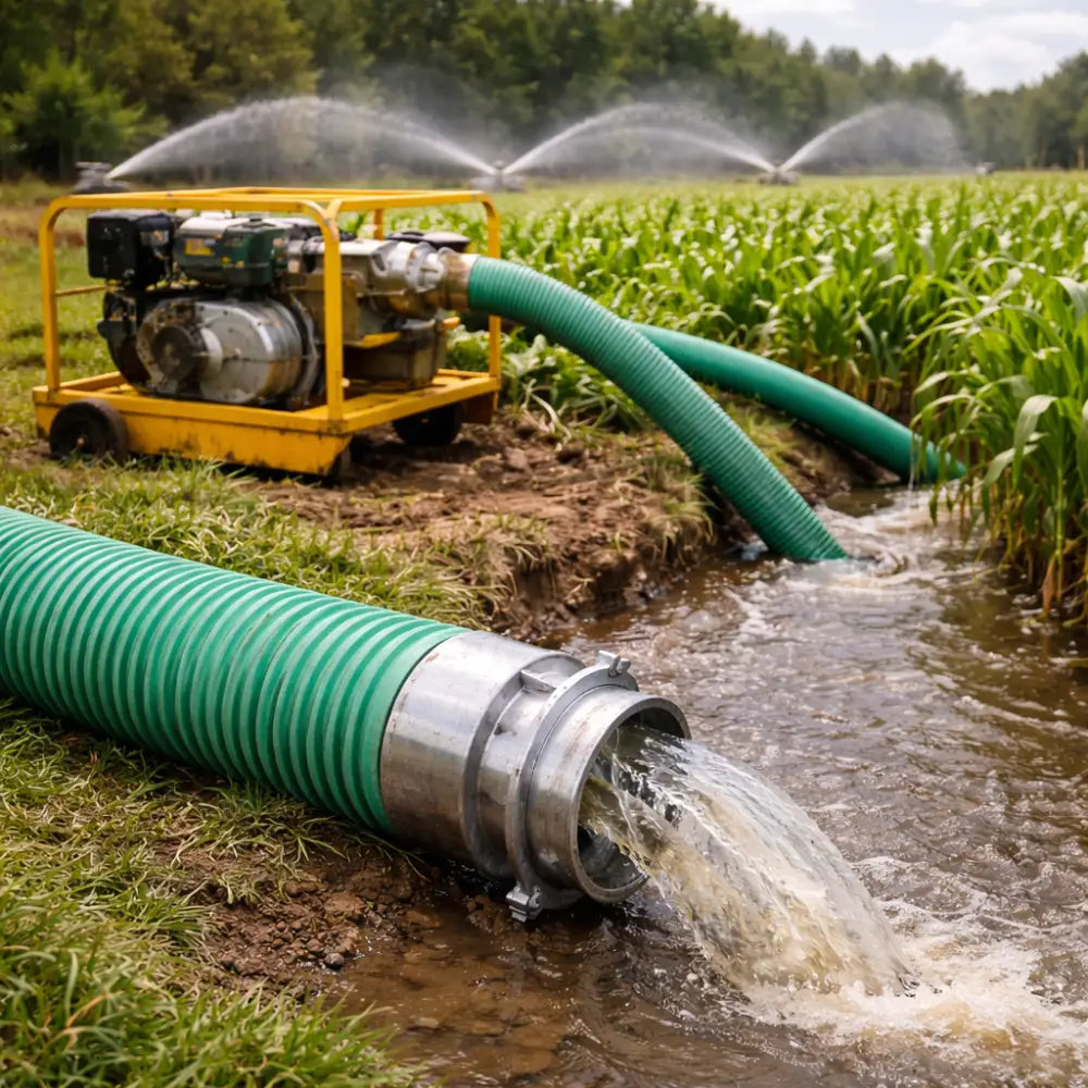 Yellow pump with green hose irrigating a field of crops
