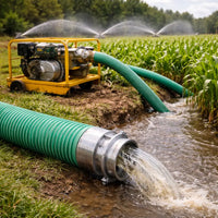 Yellow pump with green hose irrigating a field of crops