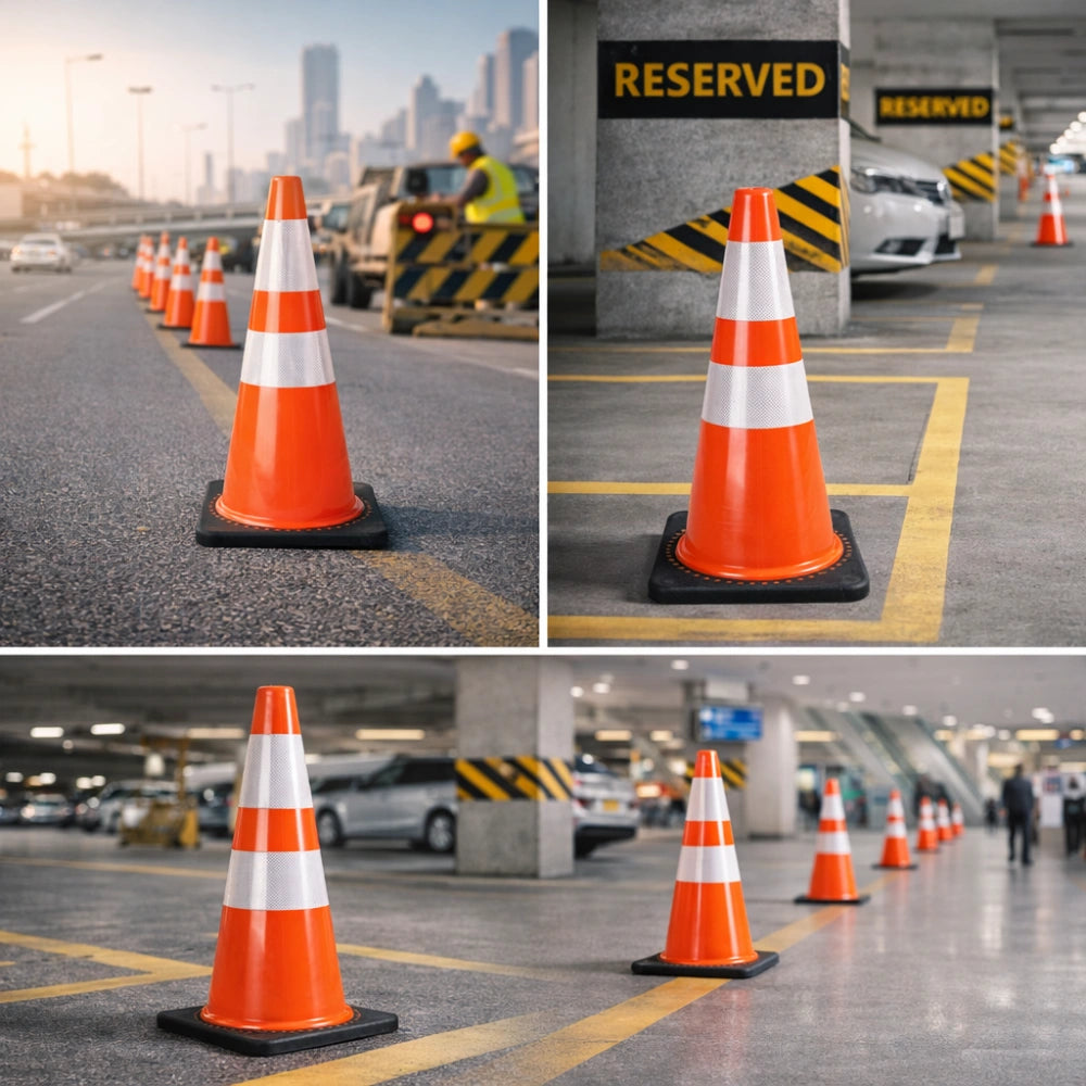 Orange traffic cone 70CM PVC with black base for parking and road safety
