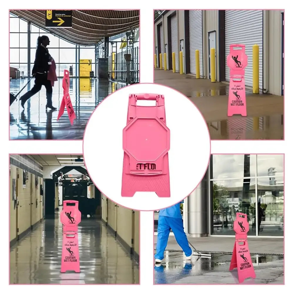 Collage of pink safety stands with people using them in various settings.