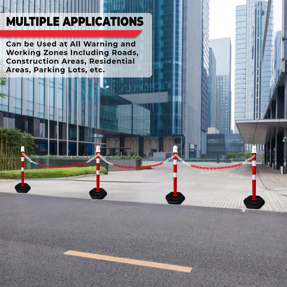 Barrier system with red and white posts on a city