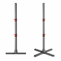 Two gray metal stands with red bands on a white background