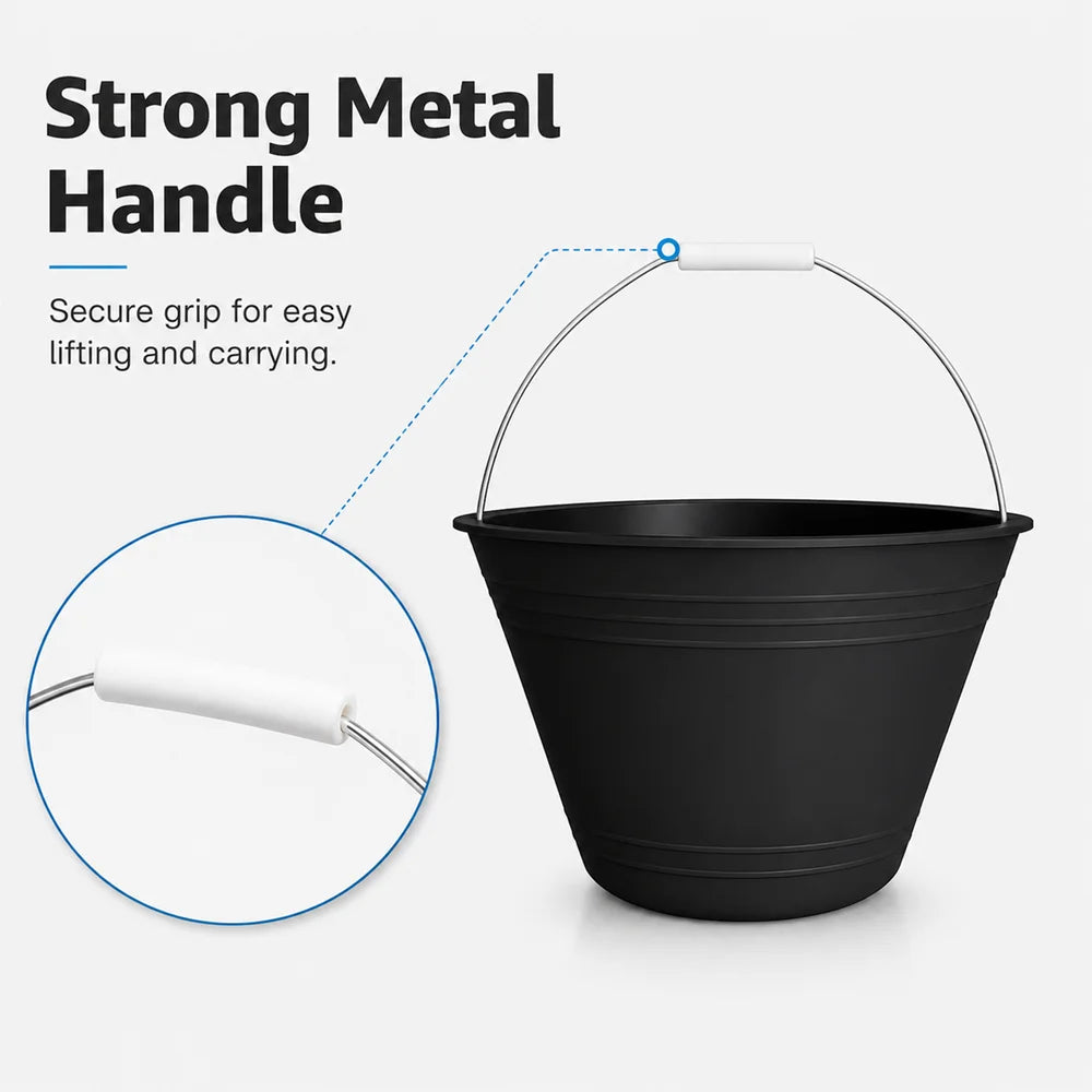Pack of 12 black PVC utility buckets with 8L capacity for everyday tasks