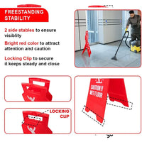 Red wet floor sign with features and usage instructions on a black