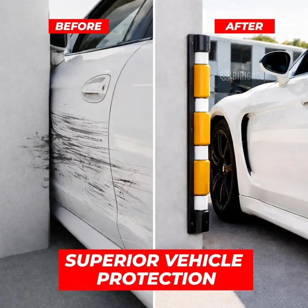 Before and after comparison of a car with a damaged door and a protective barrier, emphasizing superior vehicle protection.