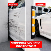Before and after comparison of a car with a damaged door and a protective barrier, emphasizing superior vehicle protection.