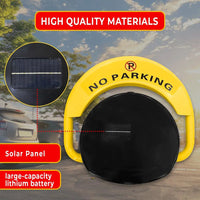 Yellow 'No Parking' barrier with solar panel and battery text on a blurred outdoor background