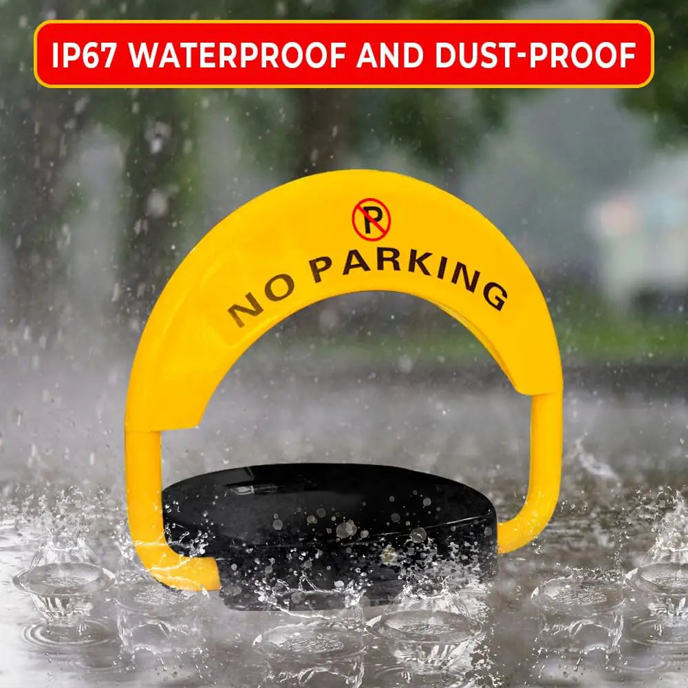 Yellow 'No Parking' sign with water splashes and text indicating waterproof and dust-proof features.