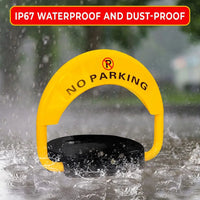 Yellow 'No Parking' sign with water splashes and text indicating waterproof and dust-proof features.