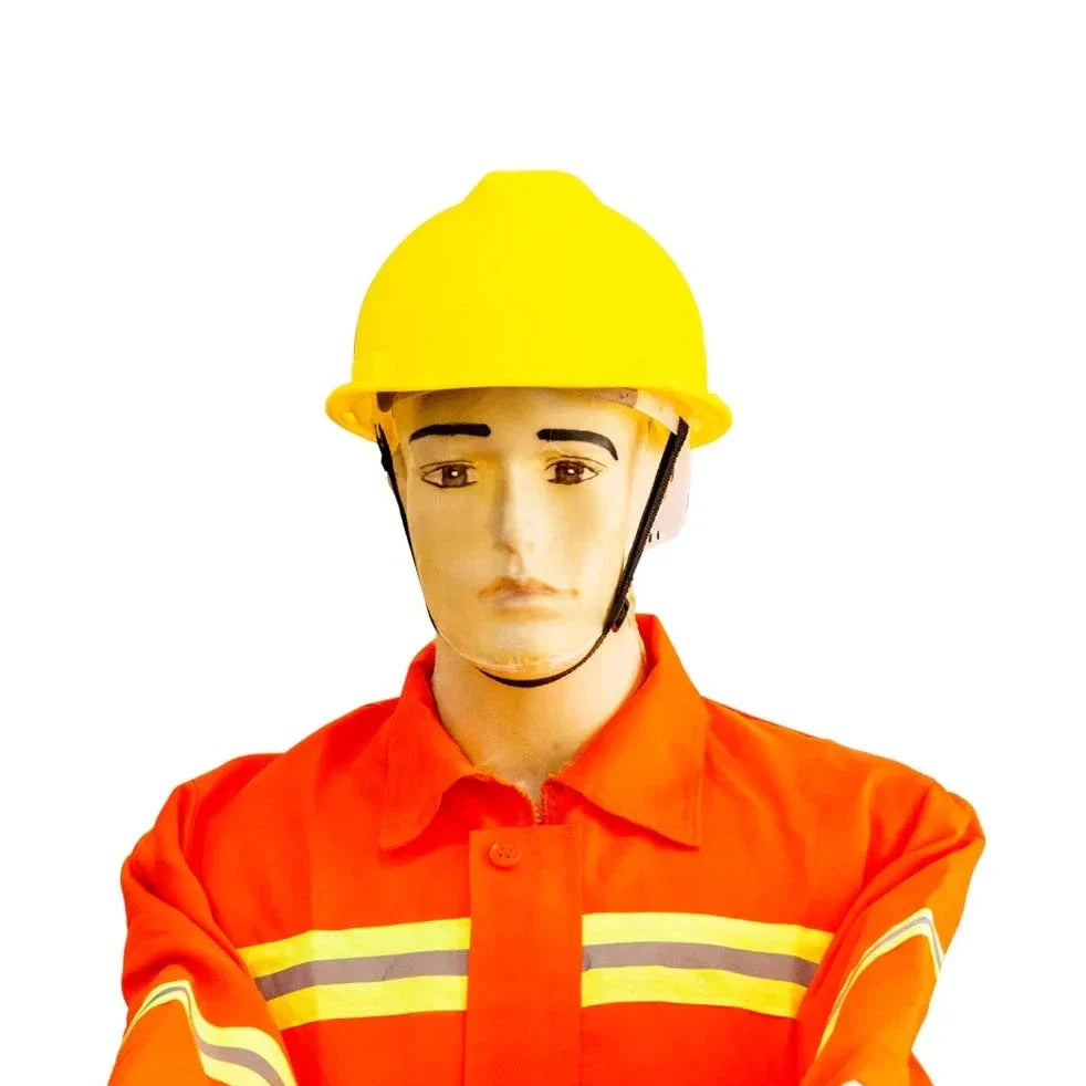 Mannequin wearing a yellow hard hat and orange safety jacket with reflective stripes on a white background