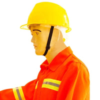 Mannequin wearing a bright orange safety jacket with reflective stripes and a yellow hard hat on a white background.