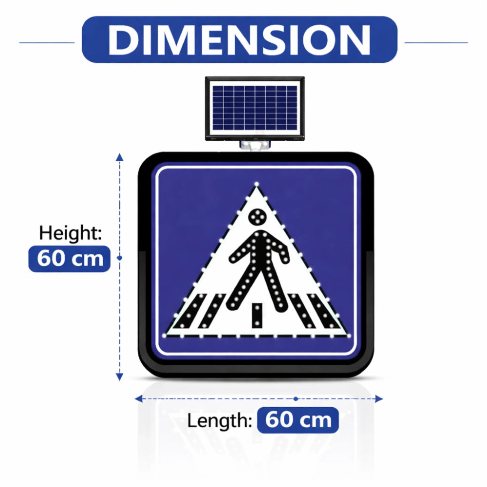 Dimensions of a traffic sign with a solar panel on top, showing height and length as 60 cm.