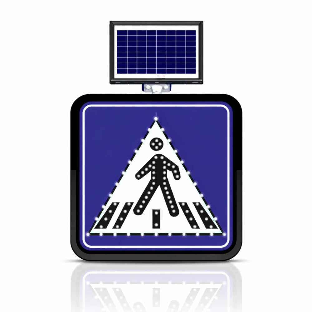 Pedestrian crossing sign with solar panel on a white background