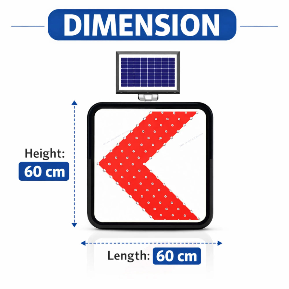 Dimensional measurement of a traffic sign with a solar panel on top, showing height and length as 60 cm.