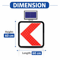 Dimensional measurement of a traffic sign with a solar panel on top, showing height and length as 60 cm.