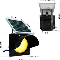 Solar-powered light fixture with dimensions on a white background