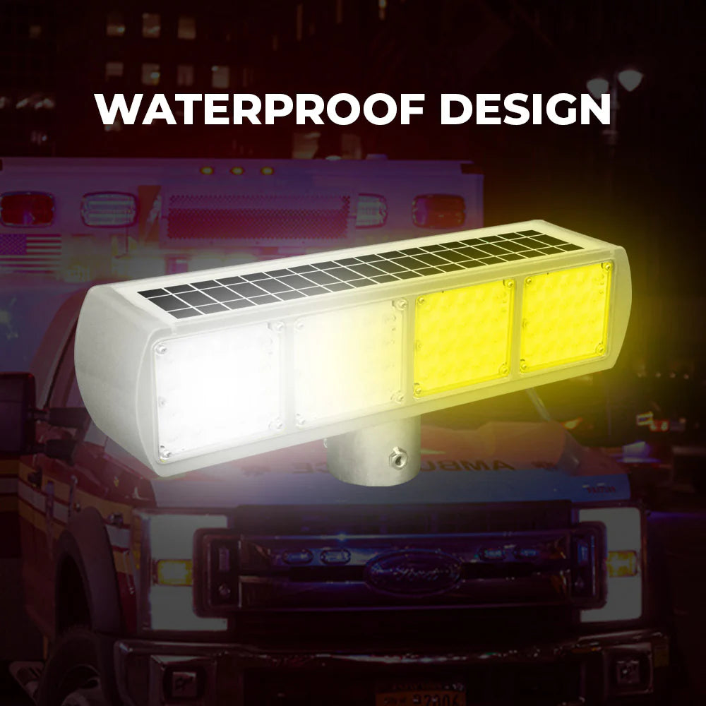 Solar LED warning light with 64 ultra LEDs yellow and white for safety alerts