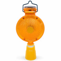 Orange solar powered LED traffic cone warning light for road safety and visibility