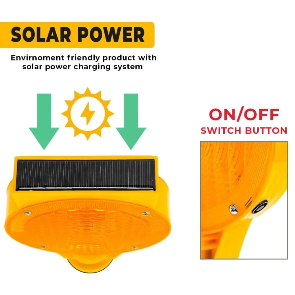 Yellow solar-powered light with solar panel and on/off switch on a white background